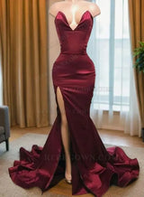 2027 Burgundy Satin Sheath Prom Dresses with Sweetheart Neckline and Side Slit front view