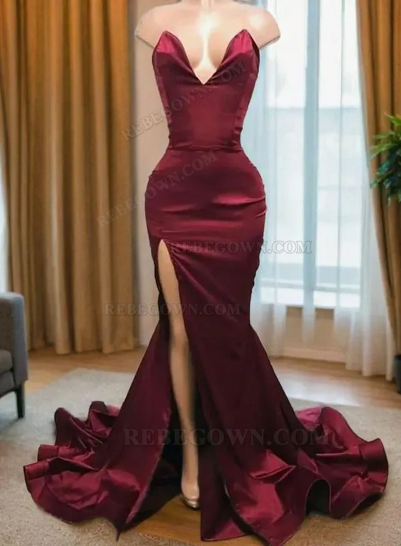 2027 Burgundy Satin Sheath Prom Dresses with Sweetheart Neckline and Side Slit front view
