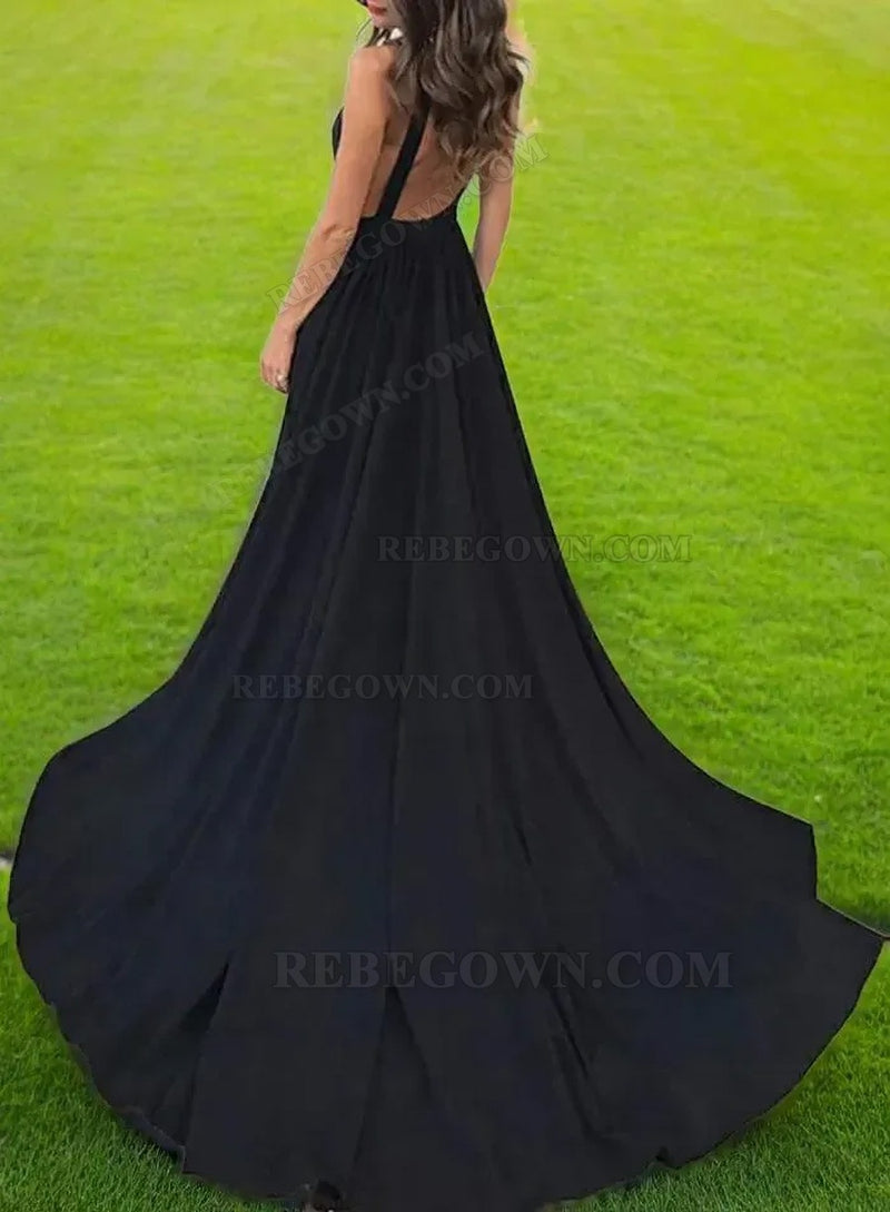 2027 Black Matte Satin A-Line Prom Dresses with V-Neck back view