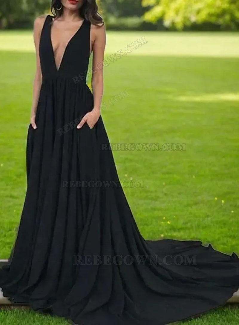 2027 Black Matte Satin A-Line Prom Dresses with V-Neck front view