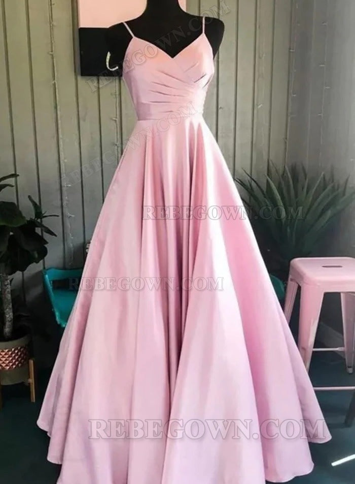 2027 Pink Satin A-Line Prom Dresses with V-Neck and Pleats front view