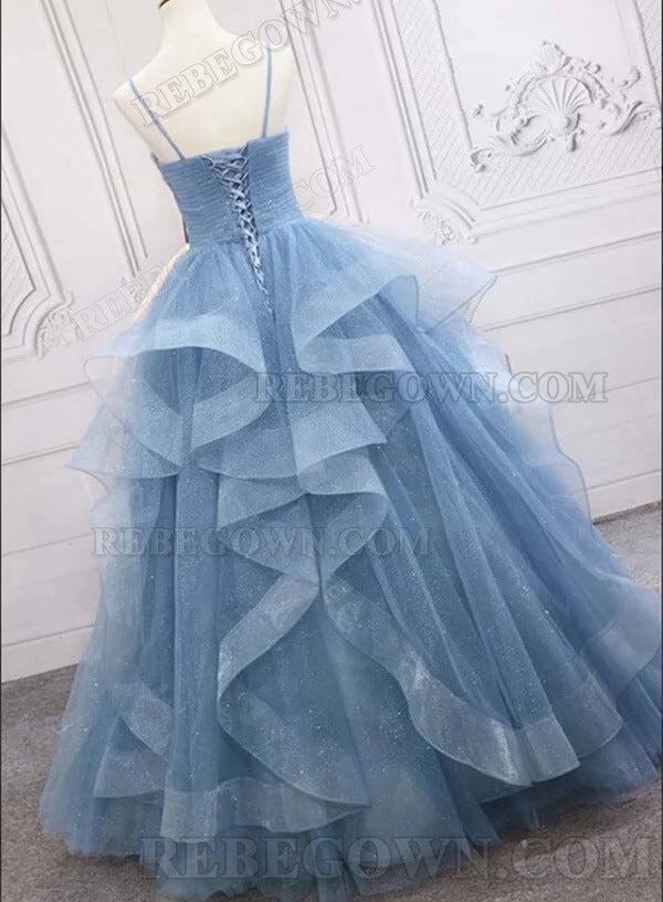 2027 Light Sky Blue Tulle Tiered A-Line Sweetheart Prom Dresses back view