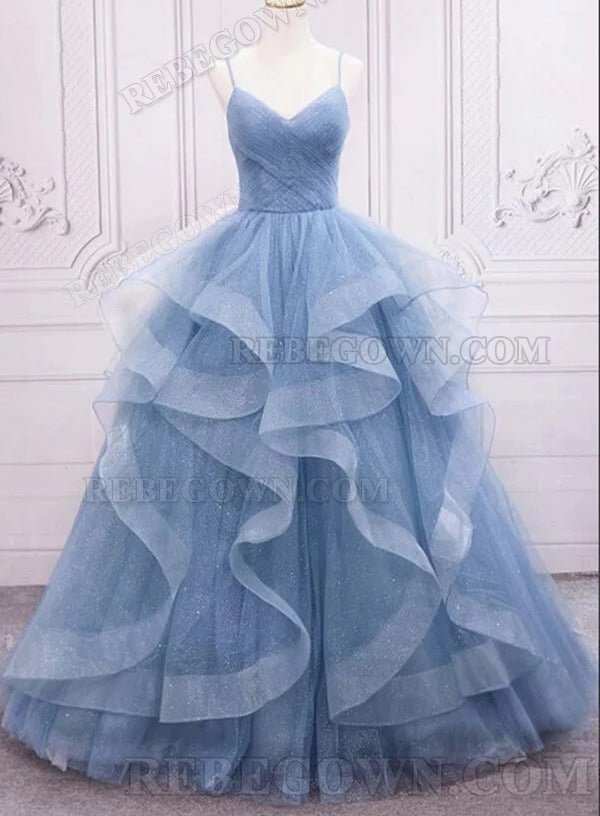 2027 Light Sky Blue Tulle Tiered A-Line Sweetheart Prom Dresses front view