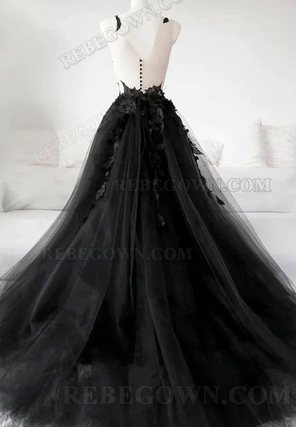2027 Black Tulle A-Line Prom Dresses with Appliques back view