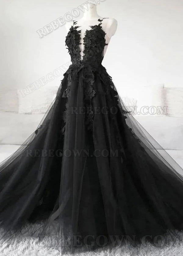 2027 Black Tulle A-Line Prom Dresses with Appliques front view