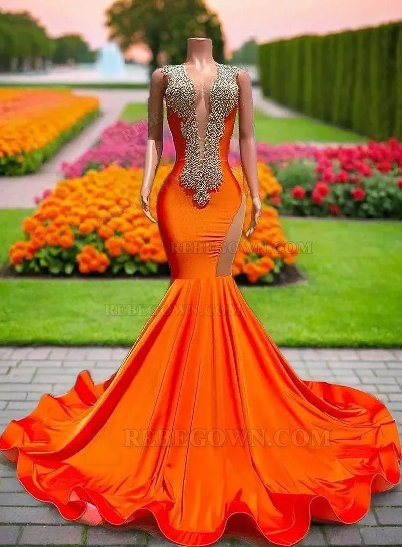 2027 Beaded Orange Mermaid Prom Dresses with Sparkly African Girl Design front view