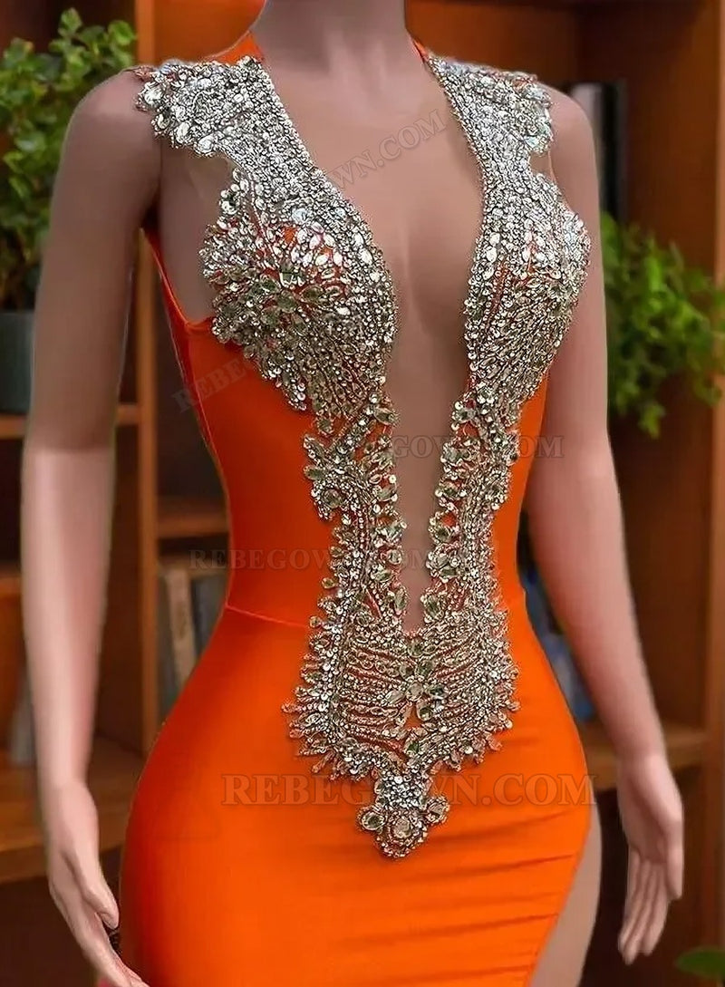 2027 Beaded Orange Mermaid Prom Dresses with Sparkly African Girl Design back view