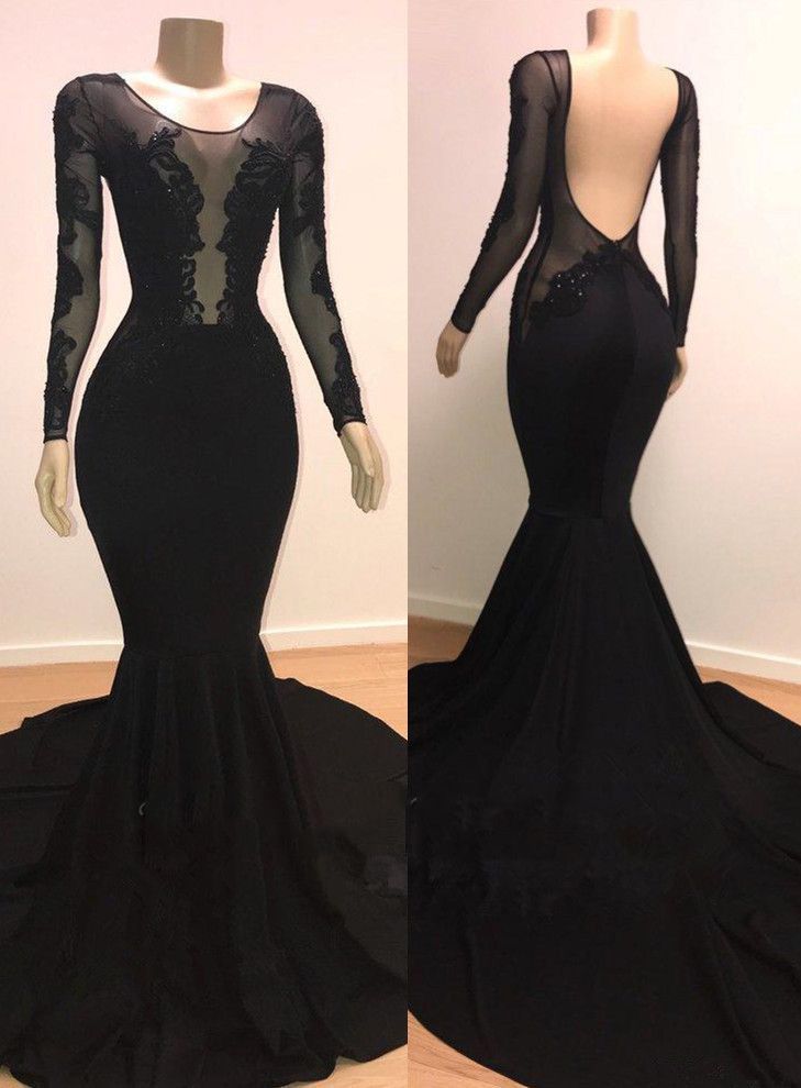 Long Sleeves Black Scoop Appliques Long Mermaid Prom Dresses front view