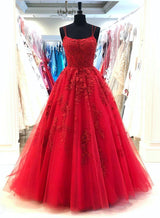 Red Scoop A Line With Appliques Long Tulle Prom Dresses front view