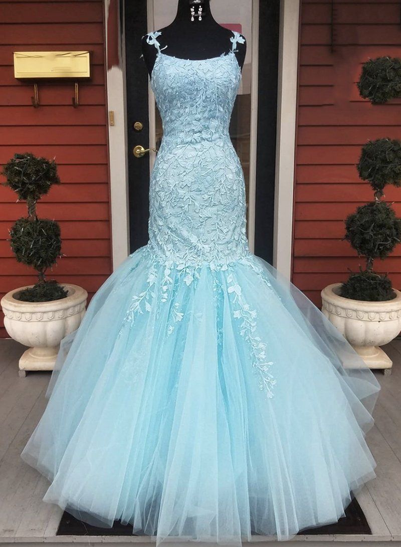 Light Sky Blue Tulle With Appliques Scoop Long Mermaid Prom Dresses back view