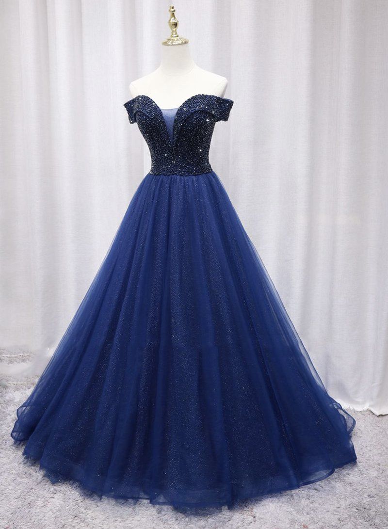 Off Shoulder Long A Line Dark Navy Tulle Prom Dresses back view
