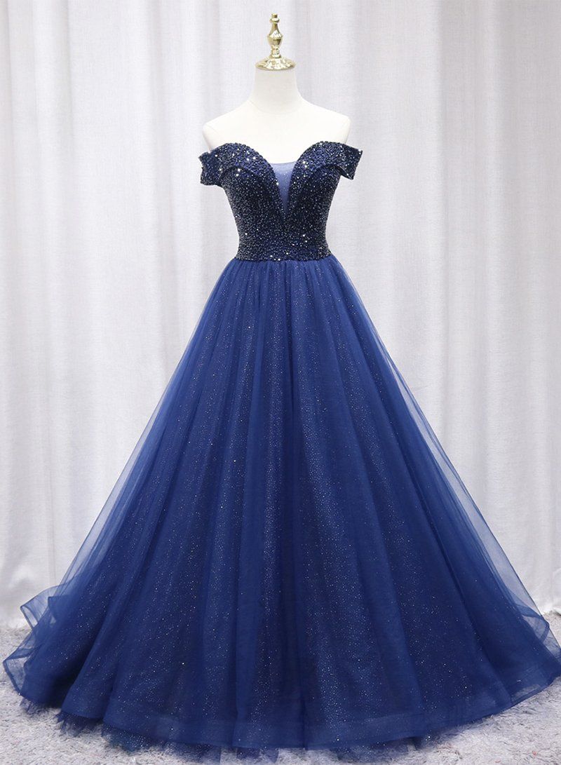 Off Shoulder Long A Line Dark Navy Tulle Prom Dresses front view