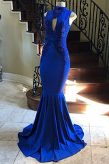 Royal Blue Sheath Long Elastic Satin Prom Dresses front view