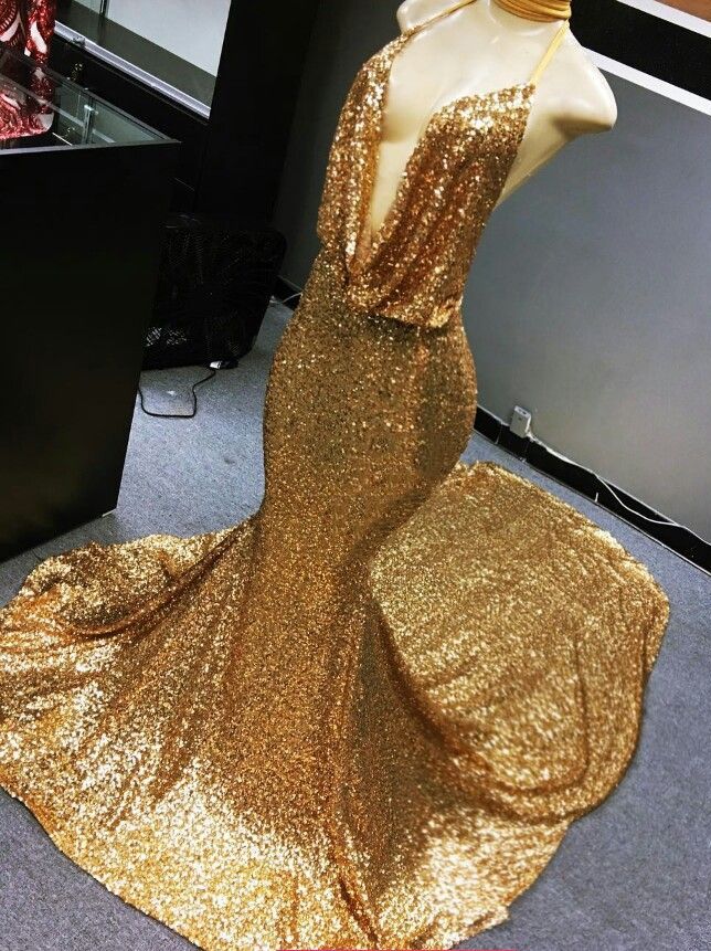 Deep V NeckMermaid Gold Sequence Long Backless Halter Prom Dresses front view