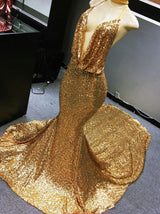 Deep V NeckMermaid Gold Sequence Long Backless Halter Prom Dresses front view