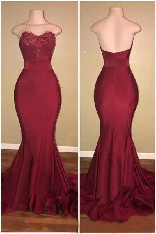 Long Sheath Strapless Sweetheart Burgundy Prom Dresses back view
