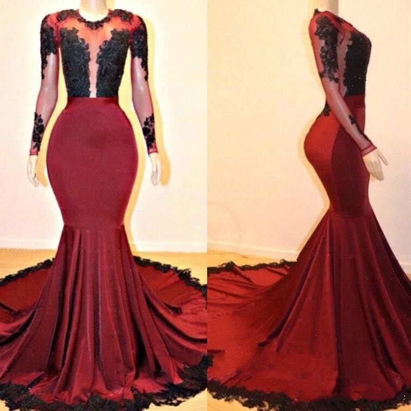 Long Burgundy Mermaid With Black Appliques Scoop Prom Dresses front view