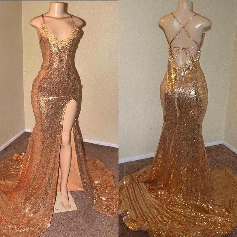 Gold Lace Up Gold Halter Back Side Slit Long Sequence Prom Dresses