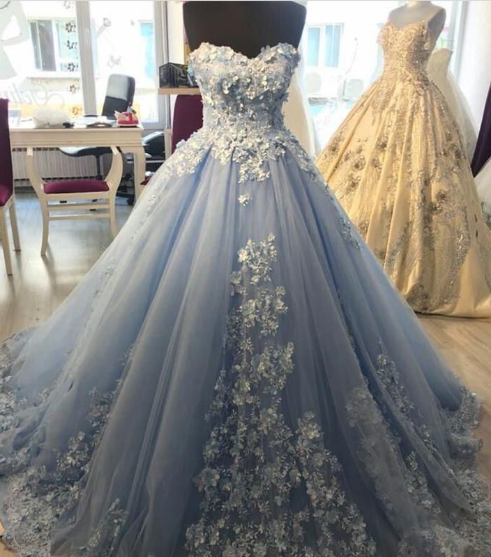 Long Sweetheart Appliques Ball Gown Light Sky Blue Prom Dresses front view