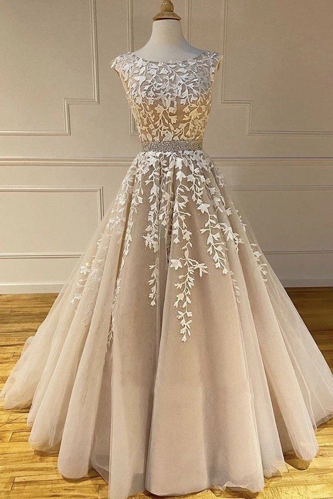 Long Champagne With White Appliques Scoop A Line Prom Dresses front view