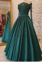 Off Shoulder Dark Green A Line Appliques Long Sleeves Prom Dresses front view