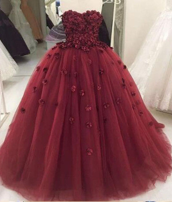 Burgundy Ball Gown Strapless Lace Up Back Tulle With Appliques Prom Dresses front view