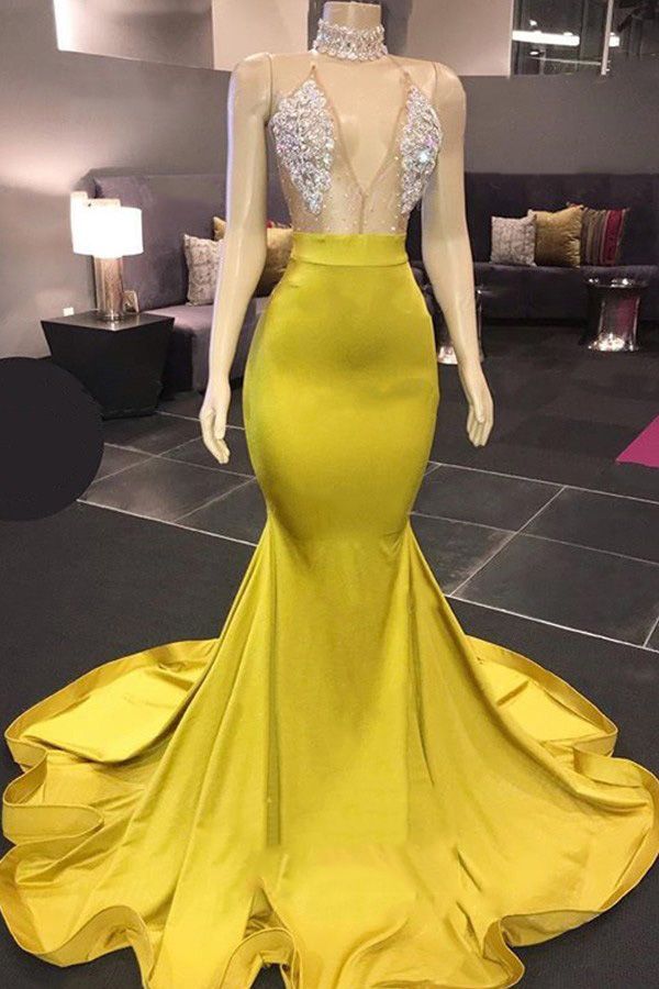Yellow Backless Yellow Satin Long V Neck Prom Dresses