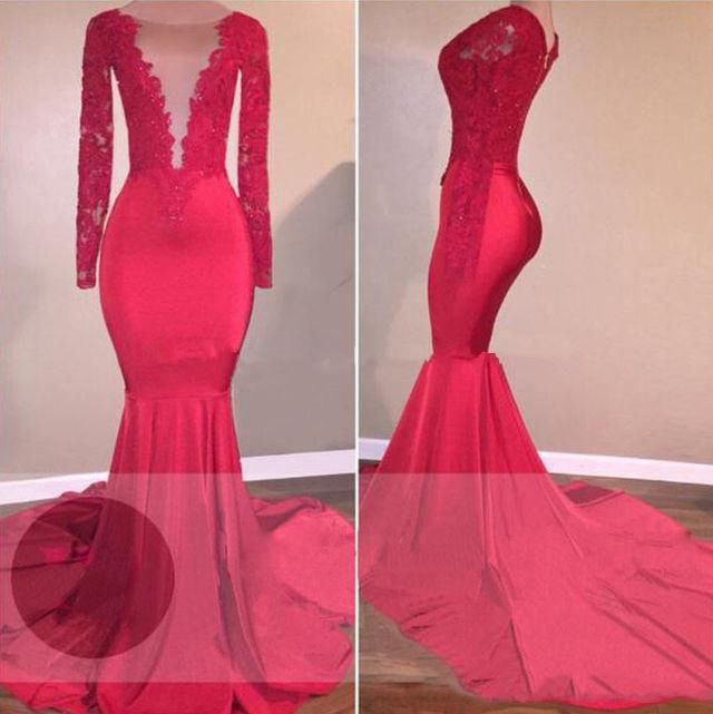 Red Long Red Lace Open Front Long Sleeves Mermaid Prom Dresses