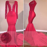 Red Long Red Lace Open Front Long Sleeves Mermaid Prom Dresses