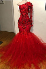 Long Sleeves Mermaid Tulle Beaded Long Red Prom Dresses back view