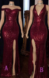 Off Shoulder Burgundy Side Slit Sweetheart Long Sequence Prom Dresses front view
