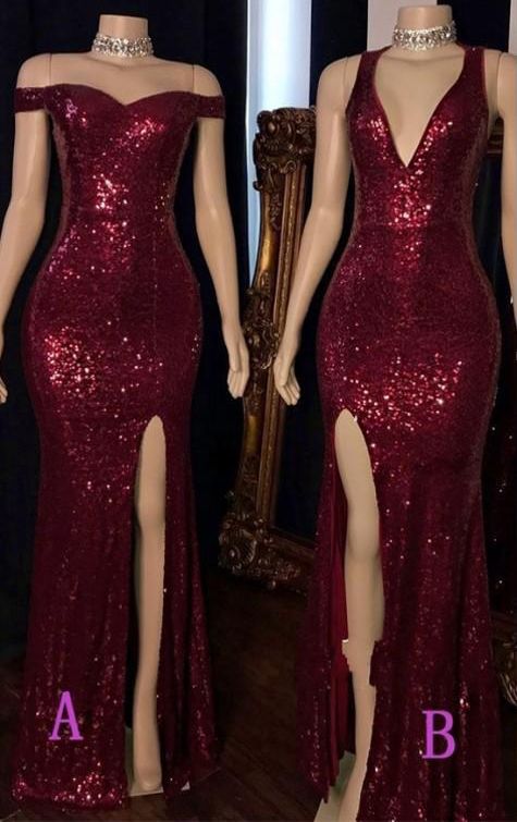 Off Shoulder Burgundy Side Slit Sweetheart Long Sequence Prom Dresses back view
