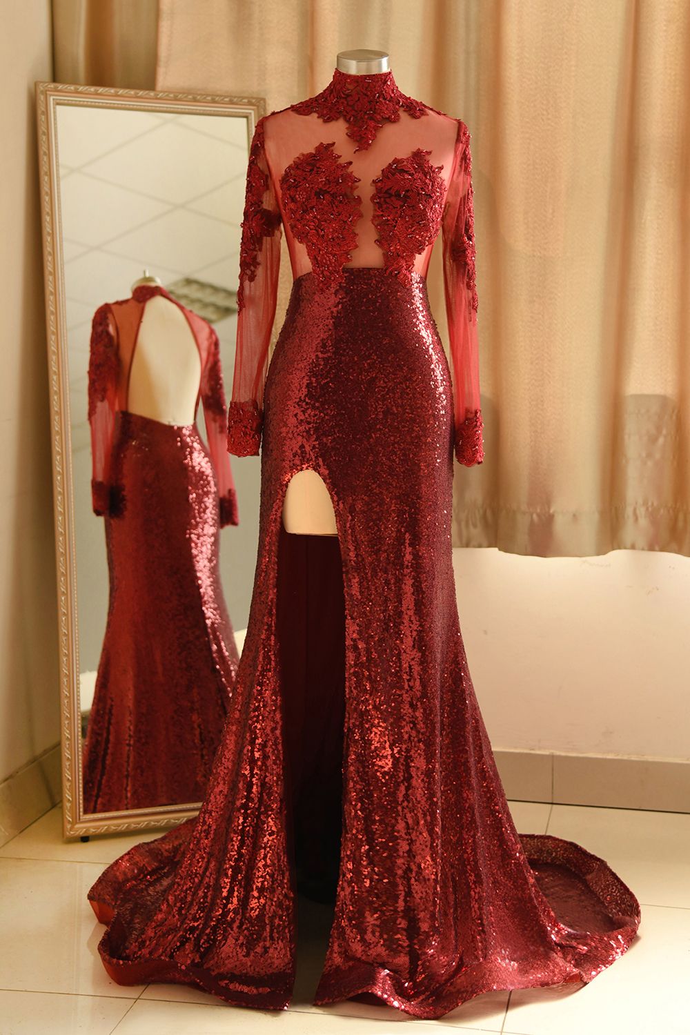 Sheath High Neck Side Slit Long Sleeves Long Burgundy Prom Dresses side view