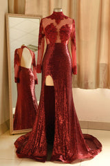 Sheath High Neck Side Slit Long Sleeves Long Burgundy Prom Dresses side view