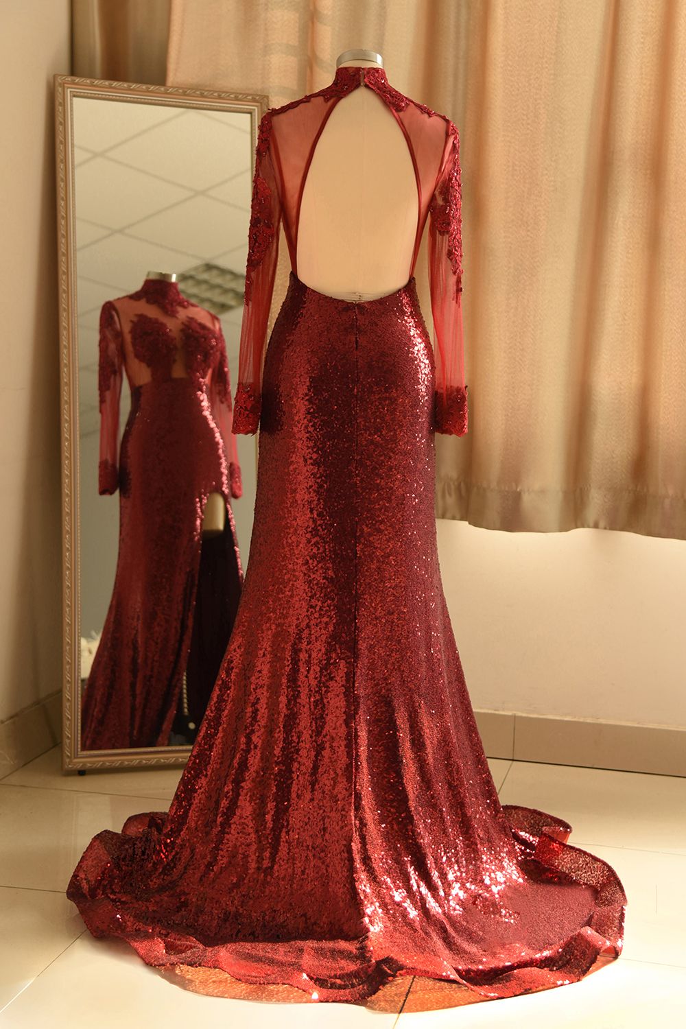 Sheath High Neck Side Slit Long Sleeves Long Burgundy Prom Dresses detail view
