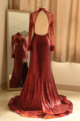 Sheath High Neck Side Slit Long Sleeves Long Burgundy Prom Dresses detail view