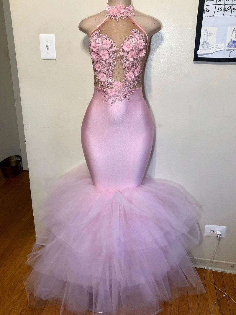 Backless Halter Tulle Pink Floral Long Mermaid Prom Dresses back view