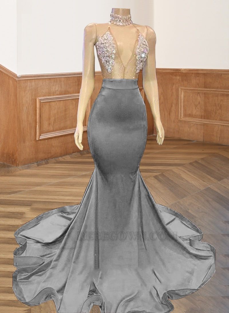 Grey Backless Yellow Satin Long V Neck Prom Dresses