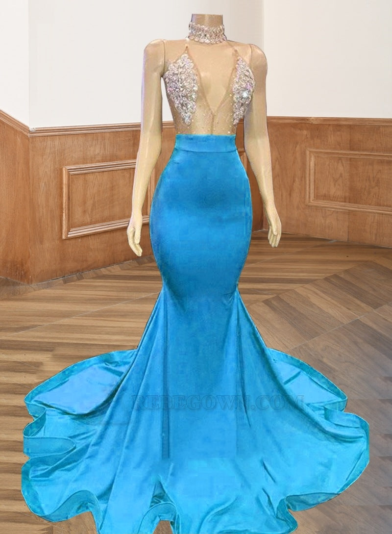 Light Sky Blue Backless Yellow Satin Long V Neck Prom Dresses
