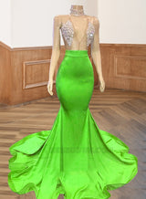 Lime Green Backless Yellow Satin Long V Neck Prom Dresses