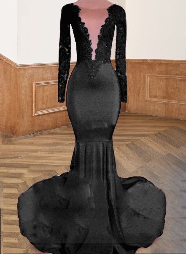 Black Long Red Lace Open Front Long Sleeves Mermaid Prom Dresses