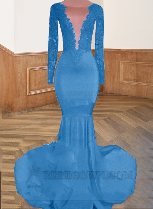 Blue Long Red Lace Open Front Long Sleeves Mermaid Prom Dresses