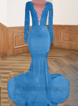 Blue Long Red Lace Open Front Long Sleeves Mermaid Prom Dresses