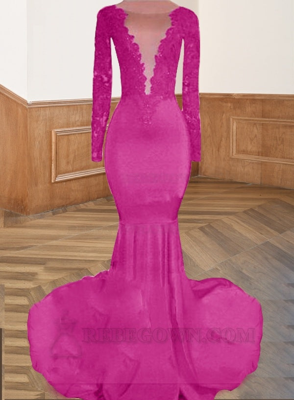 Fuchsia Long Red Lace Open Front Long Sleeves Mermaid Prom Dresses