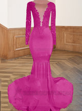 Fuchsia Long Red Lace Open Front Long Sleeves Mermaid Prom Dresses
