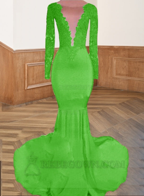 Green Long Red Lace Open Front Long Sleeves Mermaid Prom Dresses
