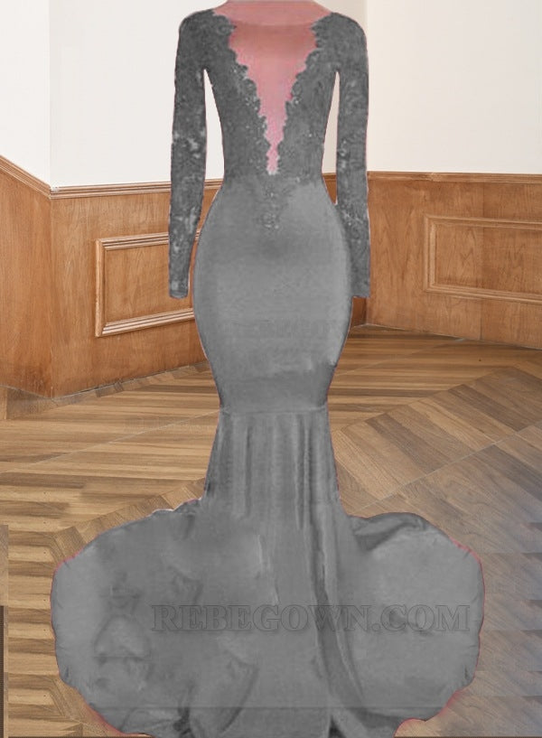 Grey Long Red Lace Open Front Long Sleeves Mermaid Prom Dresses