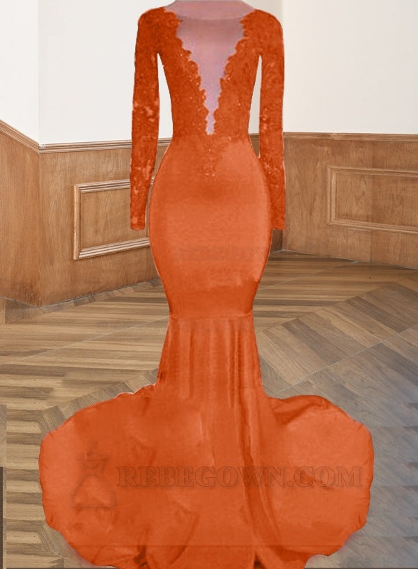 Orange Long Red Lace Open Front Long Sleeves Mermaid Prom Dresses