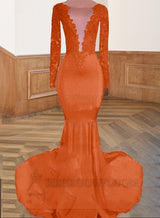 Orange Long Red Lace Open Front Long Sleeves Mermaid Prom Dresses