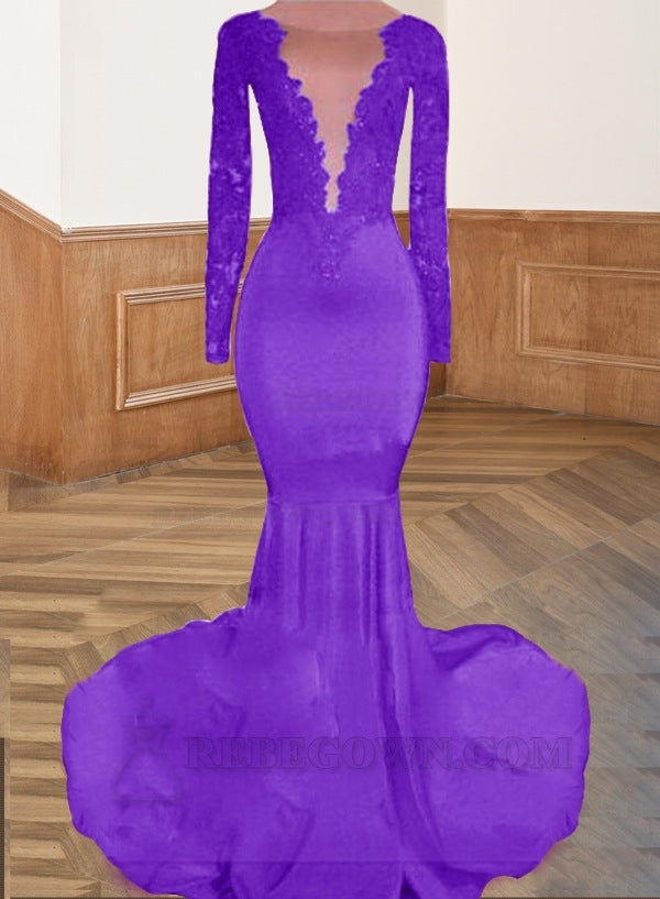 Purple Long Red Lace Open Front Long Sleeves Mermaid Prom Dresses